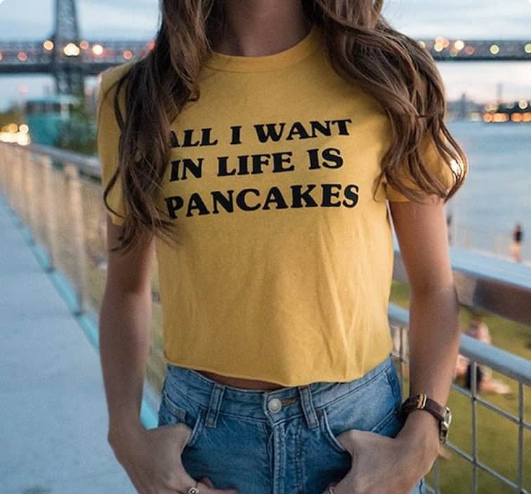 Woman wearing a custom printed graphic t-shirt