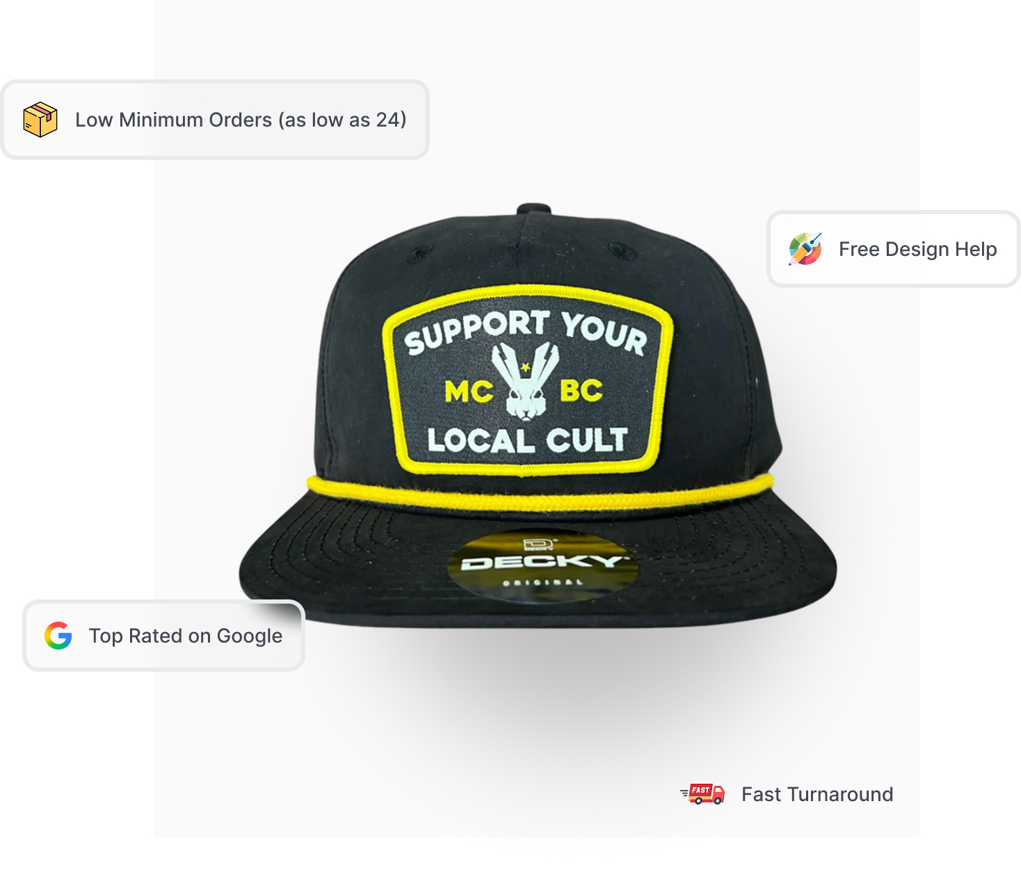 black Decky flat bill rope hat with yellow and black woven patch