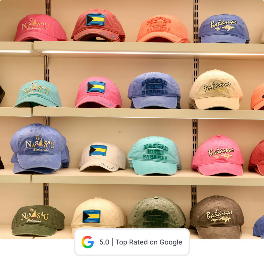 Wall display of custom embroidered dad hats in assorted colors