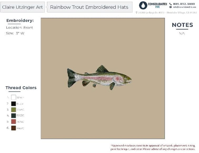 Digital embroidery proof showing size and Pantone thread colors