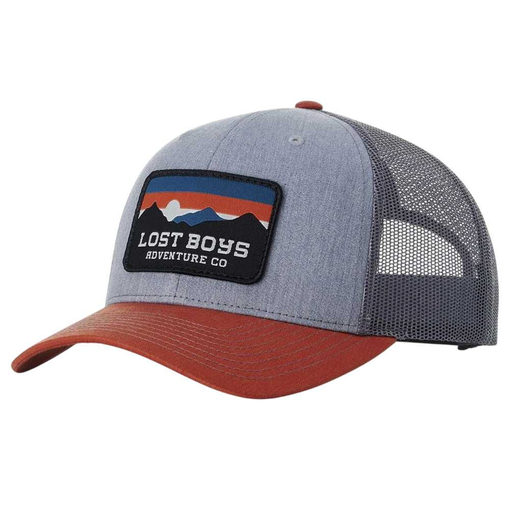 Heather grey Richardson 112 trucker hat with woven mountain patch