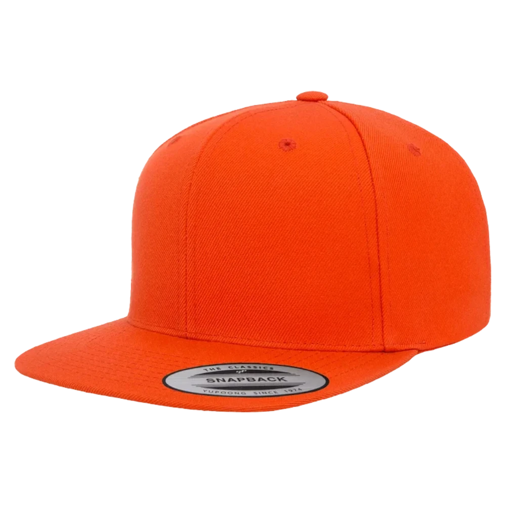 orange Yupoong 6089M premium flat bill snapback hat