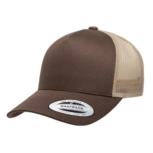 brown and khaki Yupoong 6506 five panel retro trucker hat with mesh back