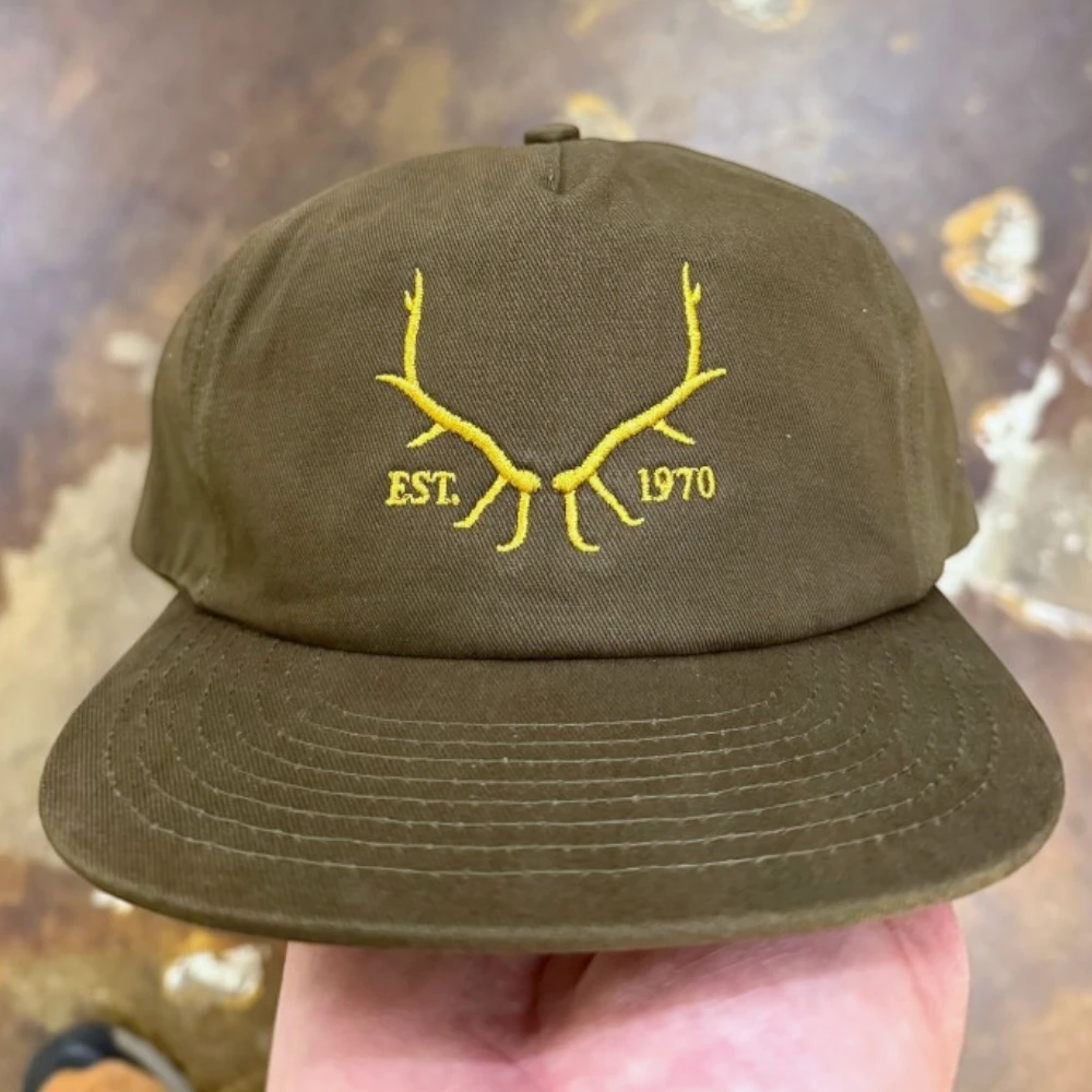 brown Weld 1153 brushed cotton flat bill snapback hat with gold embroidered antlers
