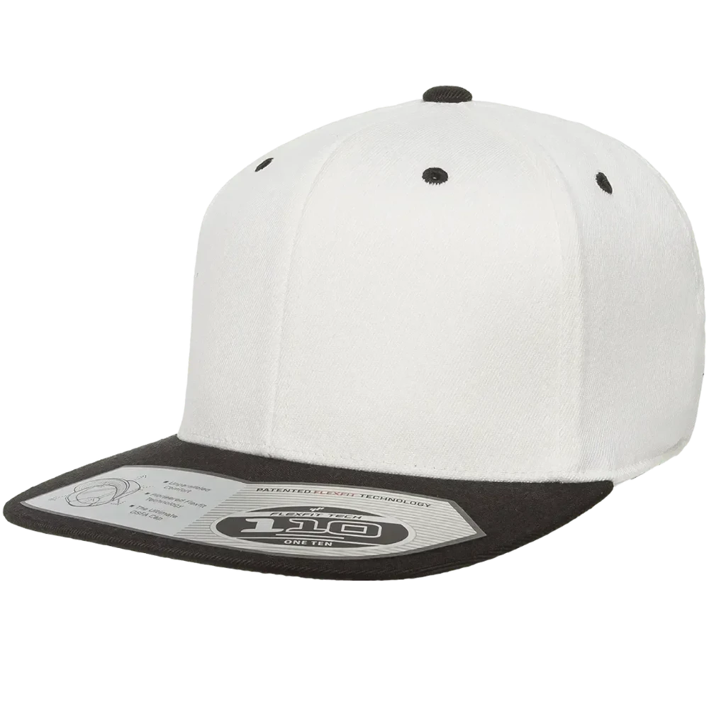 White and black Flexfit 110 premium snapback cap with flat bill