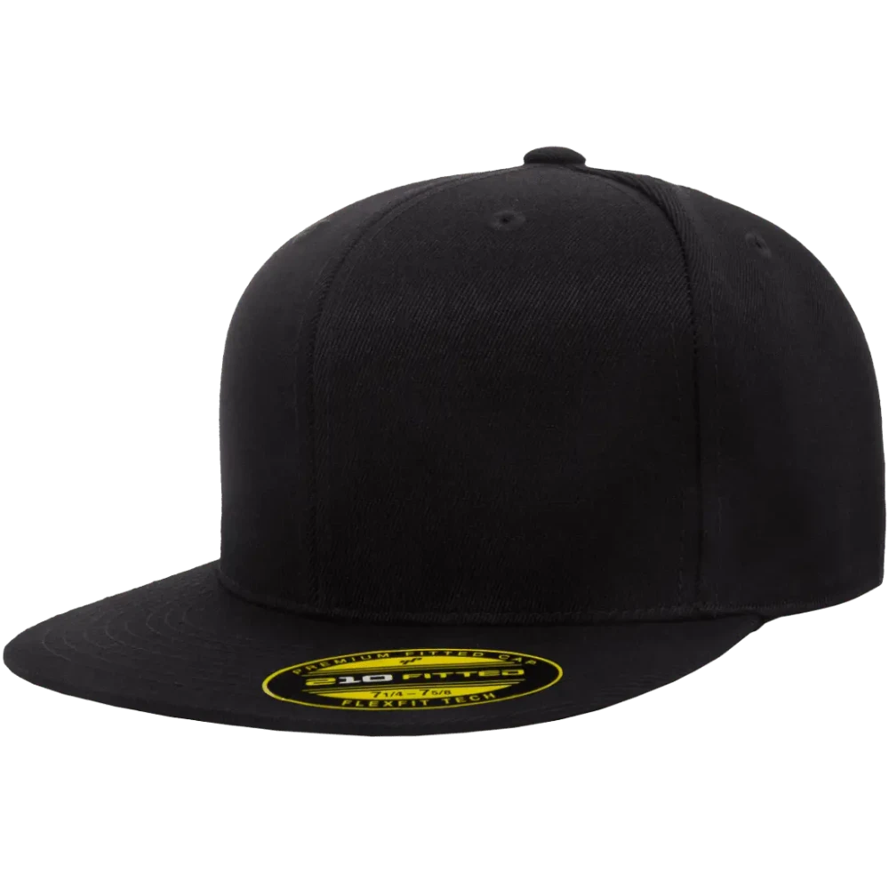 Black Flexfit 6210 premium fitted cap with flat bill