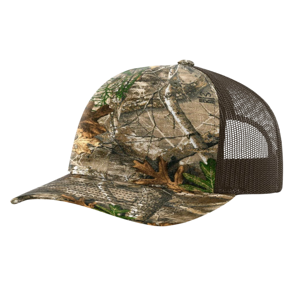 Realtree Edge camo Richardson 112P printed trucker hat with brown mesh back