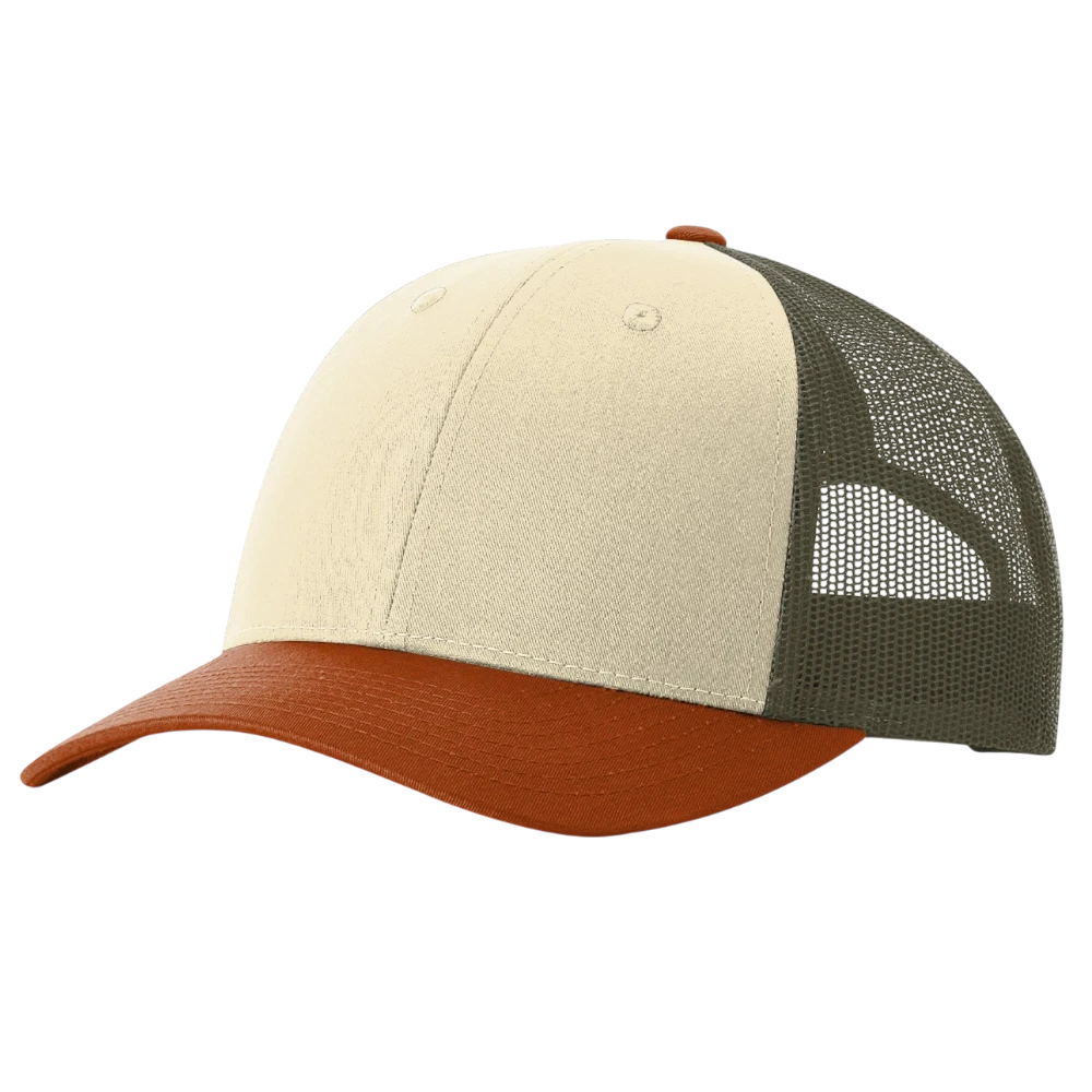 Cream and burnt orange Richardson 115 low pro trucker hat with olive mesh back
