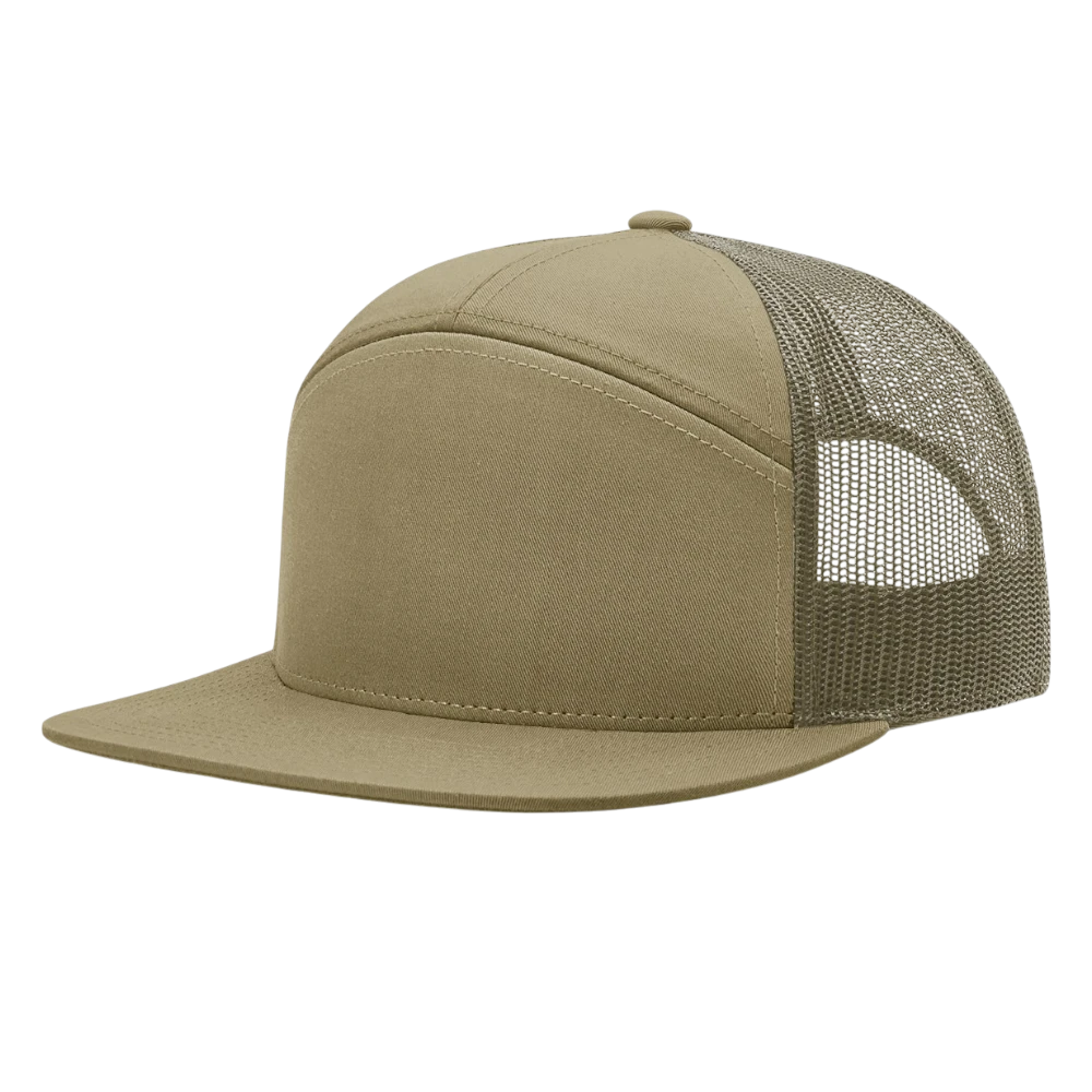 Khaki green Richardson 168 seven panel trucker hat with flat bill and seamless front