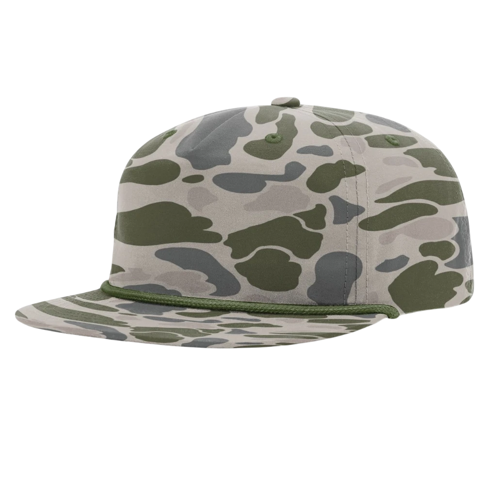 Duck camo Richardson 256P printed Umpqua rope cap with green braid detail
