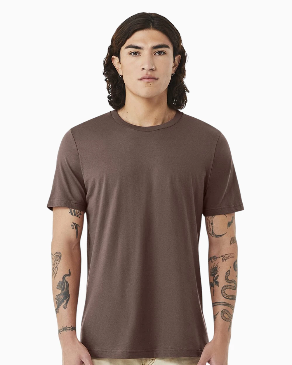 Model wearing a brown Bella Canvas 3001 unisex jersey t-shirt