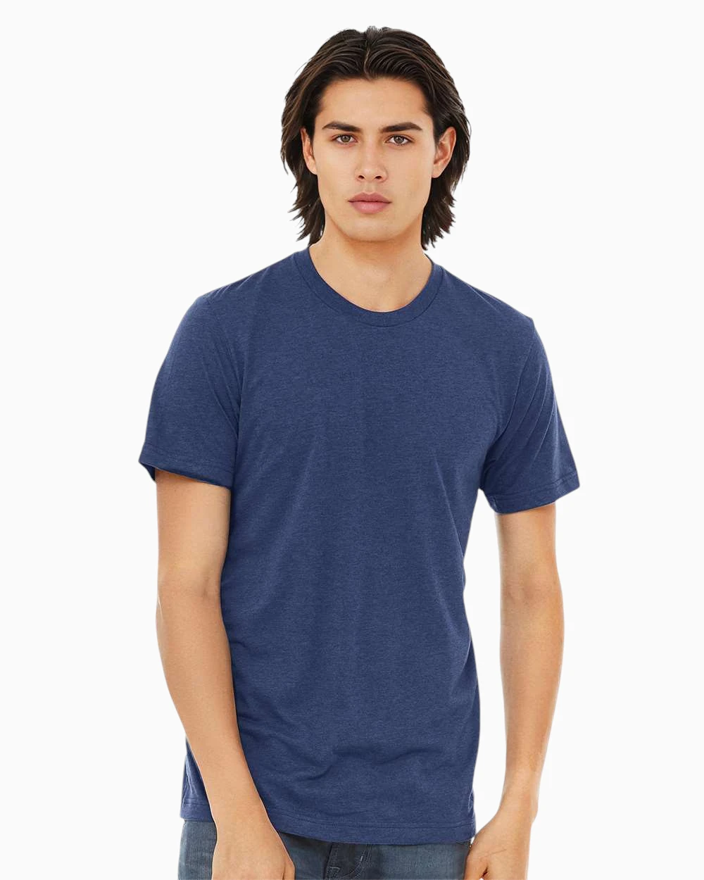 Model wearing a navy Bella Canvas 3413 triblend t-shirt