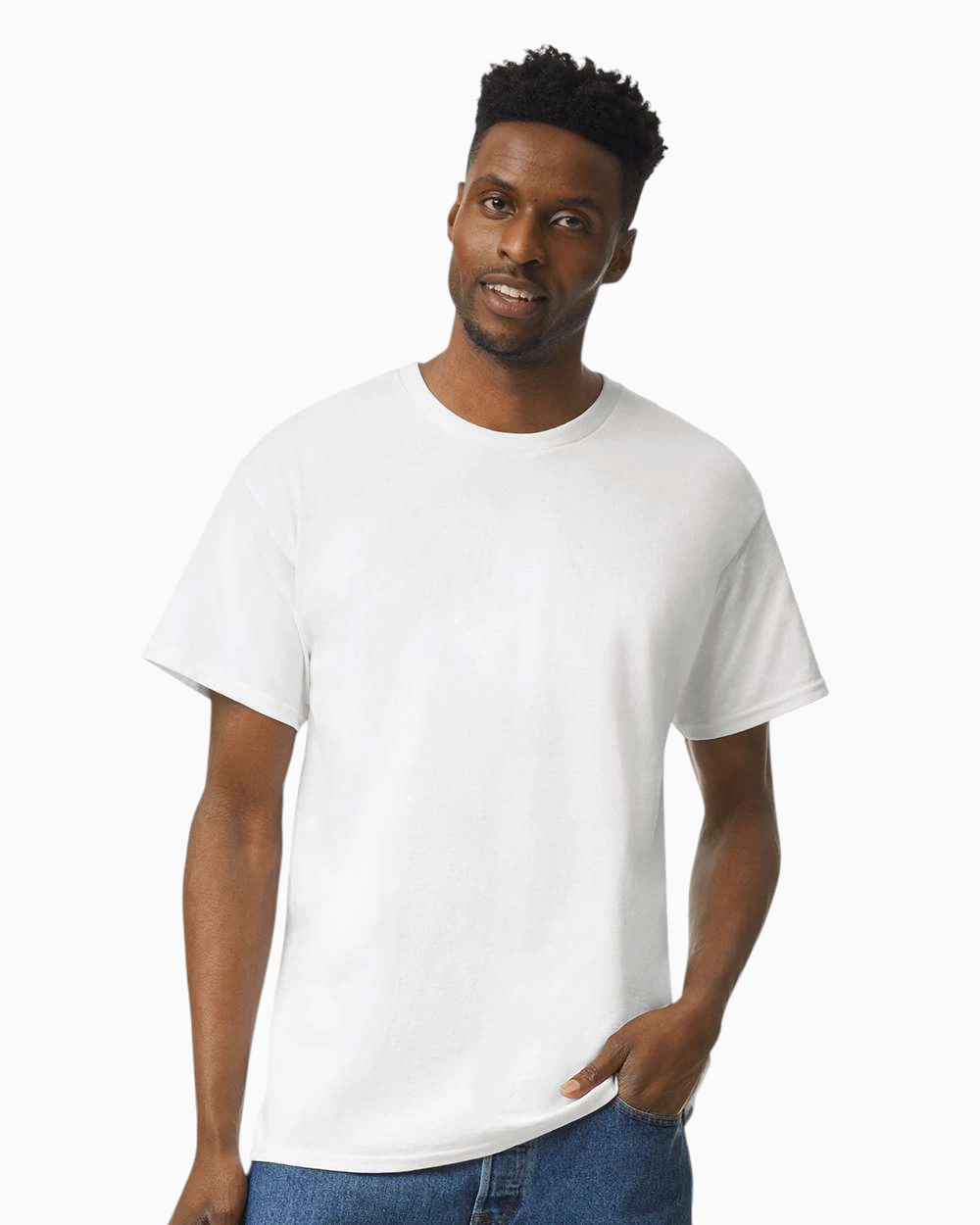 Model wearing a white Gildan 2000 ultra cotton t-shirt