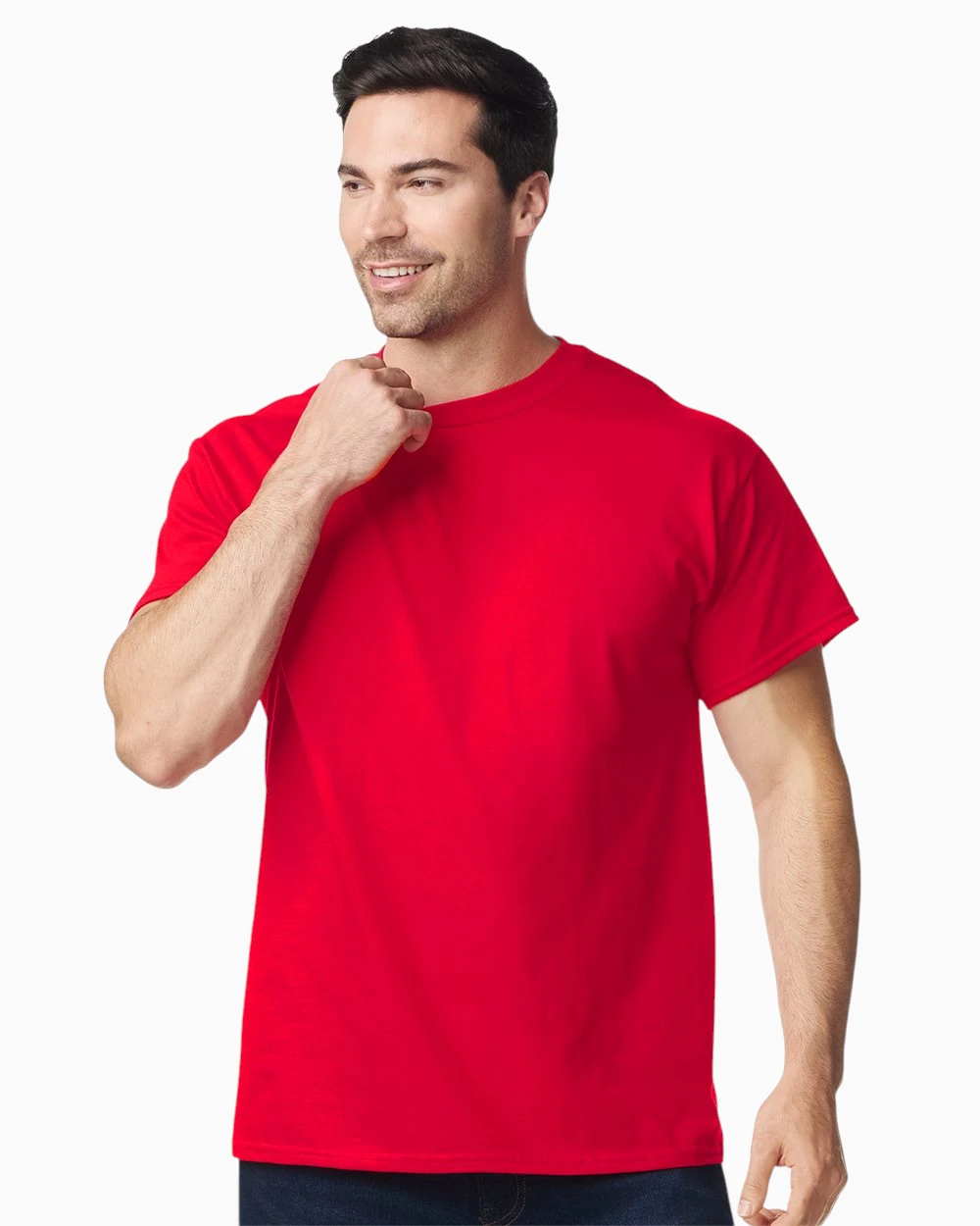 Model wearing a red Gildan 5000 heavy cotton t-shirt