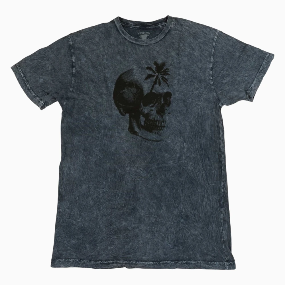 Black skull and palm print on a mineral wash t-shirt
