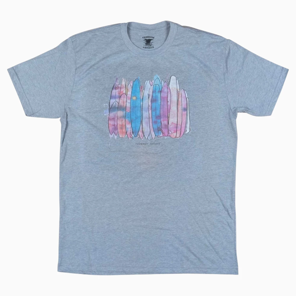 Multicolor surfboard artwork printed on a heather gray t-shirt