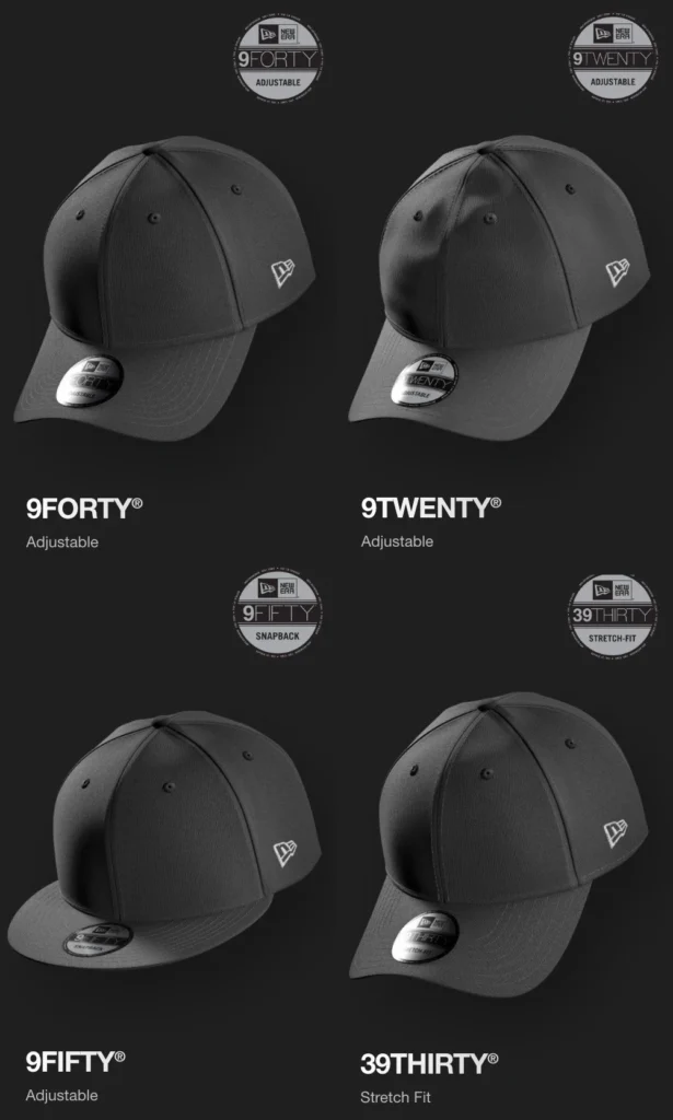 New Era 9FORTY, 9TWENTY, 9FIFTY, and 39THIRTY fit comparison graphic