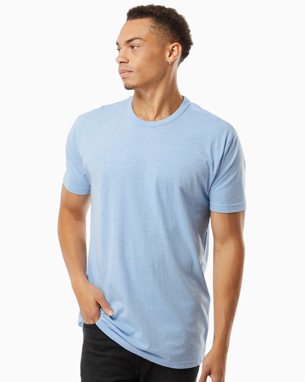 Model wearing a light blue Next Level 6210 CVC t-shirt