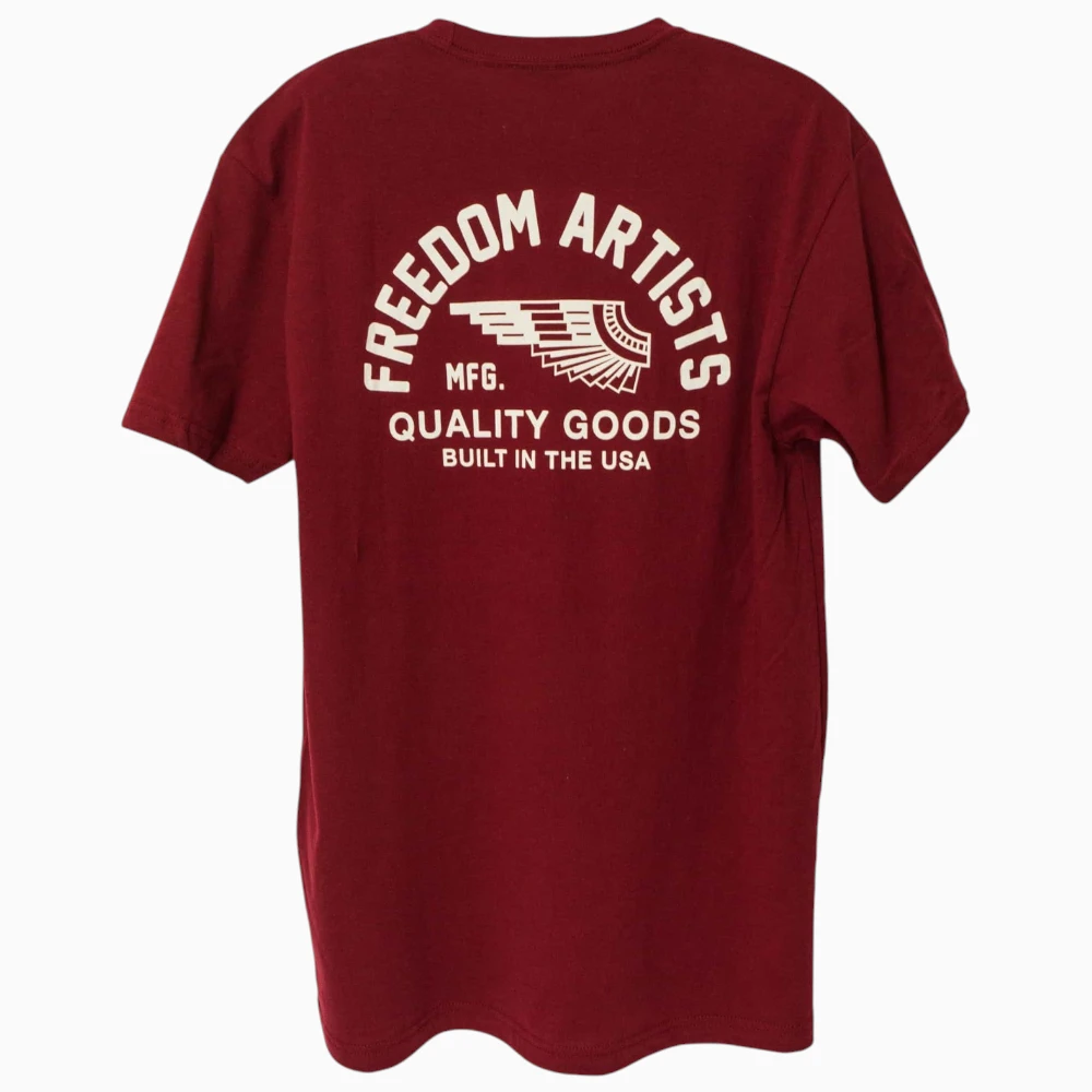 One-color back print on a maroon t-shirt
