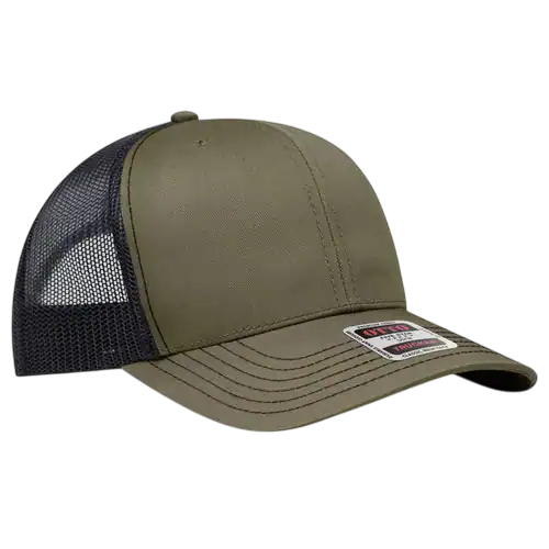 Olive Otto Cap 112-1 six panel trucker hat with black mesh back