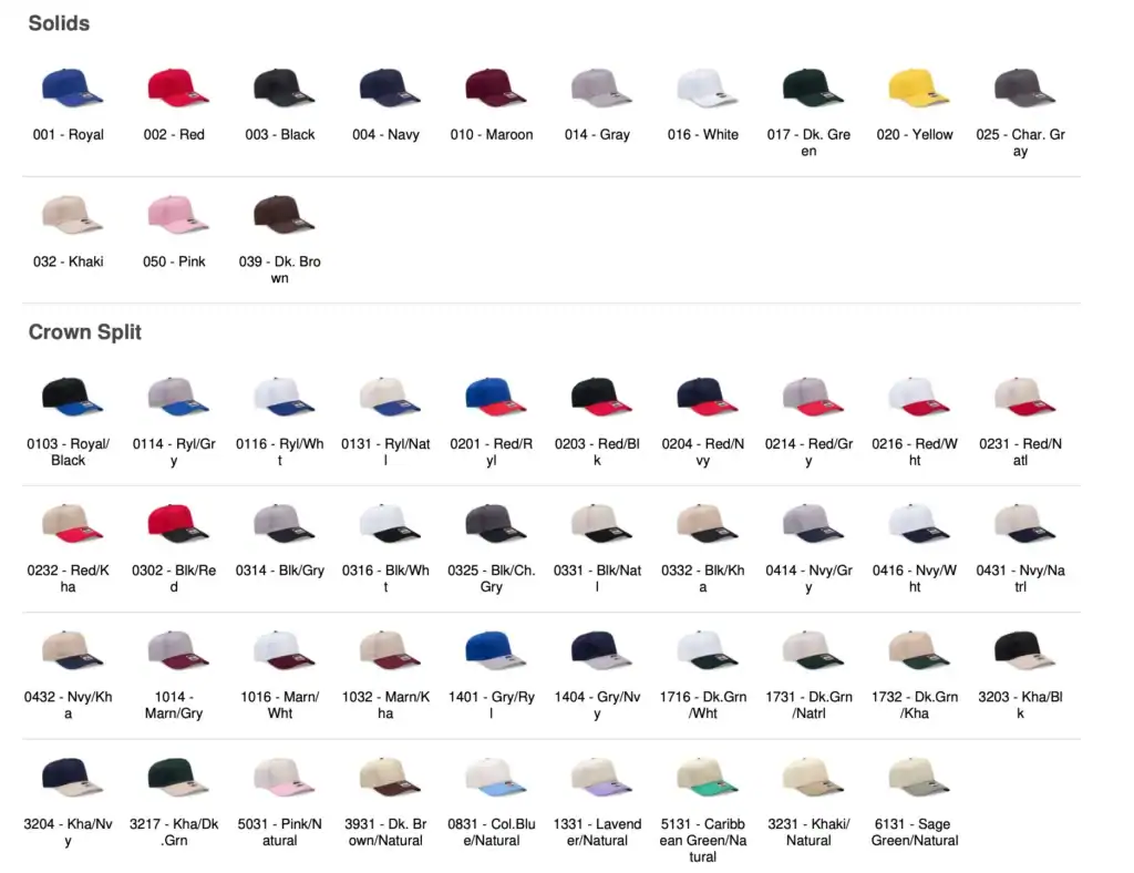 31-069 5-panel baseball cap color options