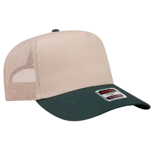 Khaki and dark green Otto Cap 32-285 five panel trucker hat with mesh back
