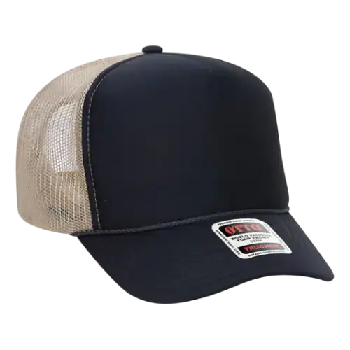 Navy and khaki Otto Cap 39-165 foam front trucker hat with rope detail