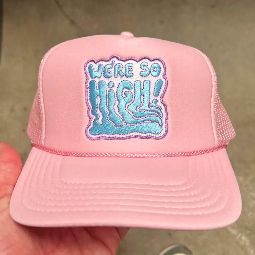 Pink Otto Cap 39-165 foam front trucker hat with blue embroidered patch