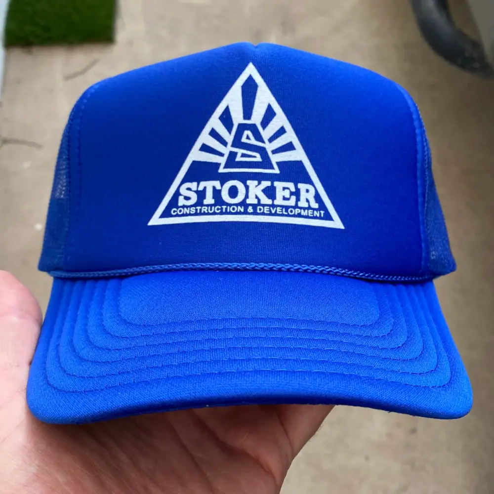 Royal blue Otto Cap 39-165 foam front trucker hat with white printed logo