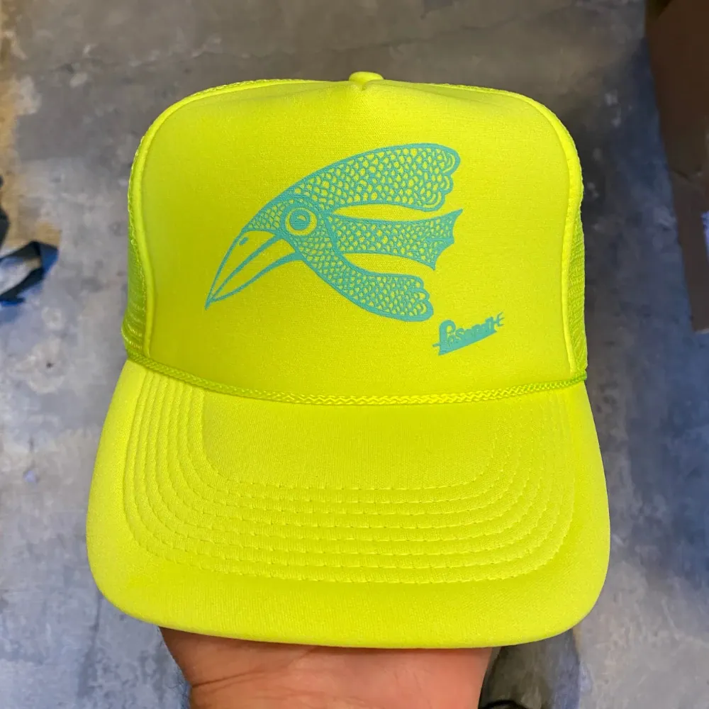 Neon yellow Otto Cap 55-133 foam front trucker hat with teal printed bird design