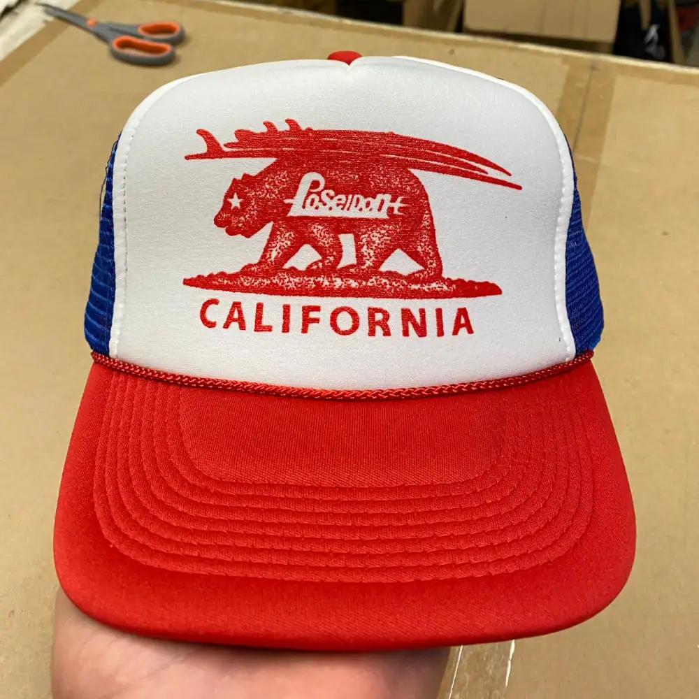 Red white and royal Otto Cap foam front trucker hat with printed California bear logo