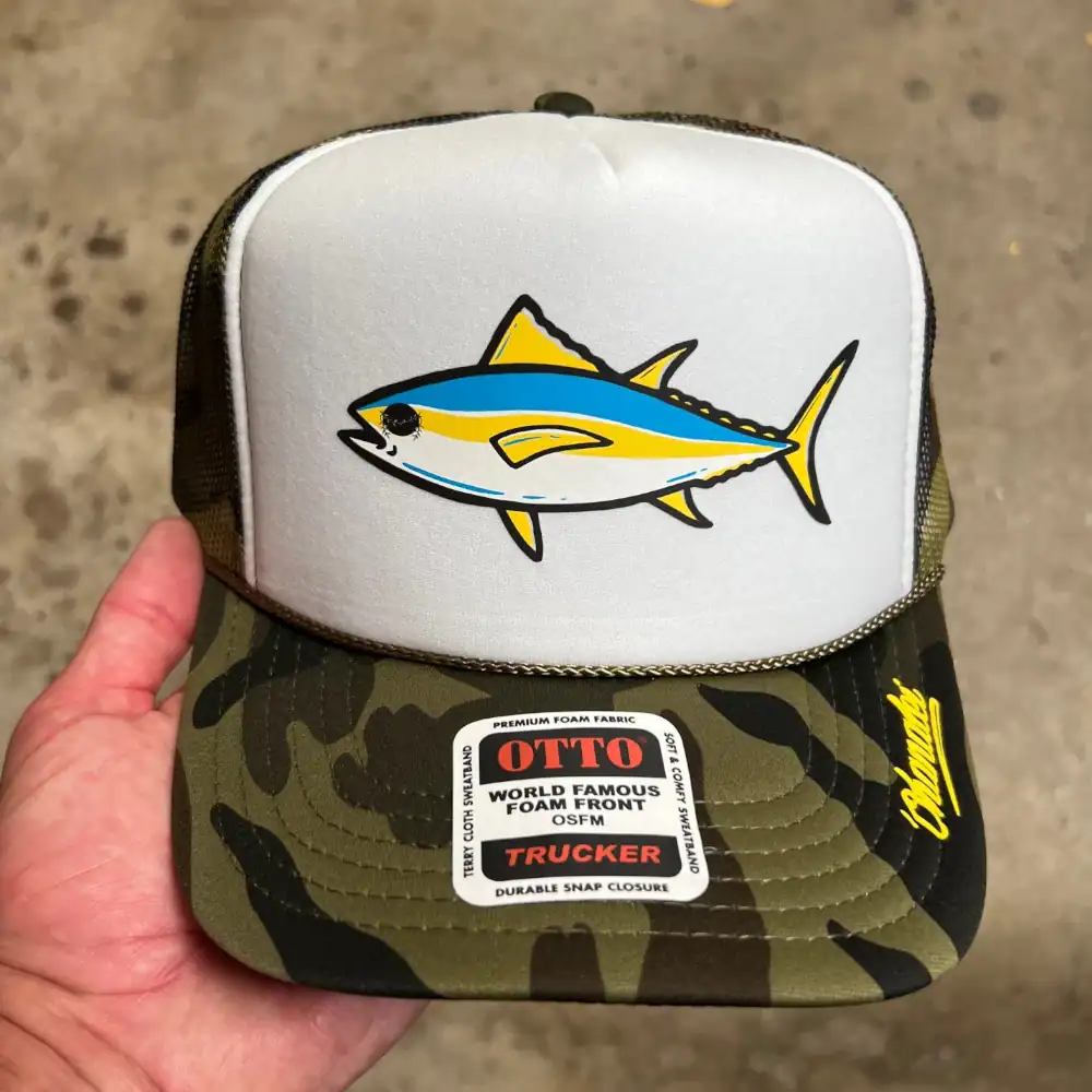 White and camo Otto Cap foam front trucker hat with printed tuna design