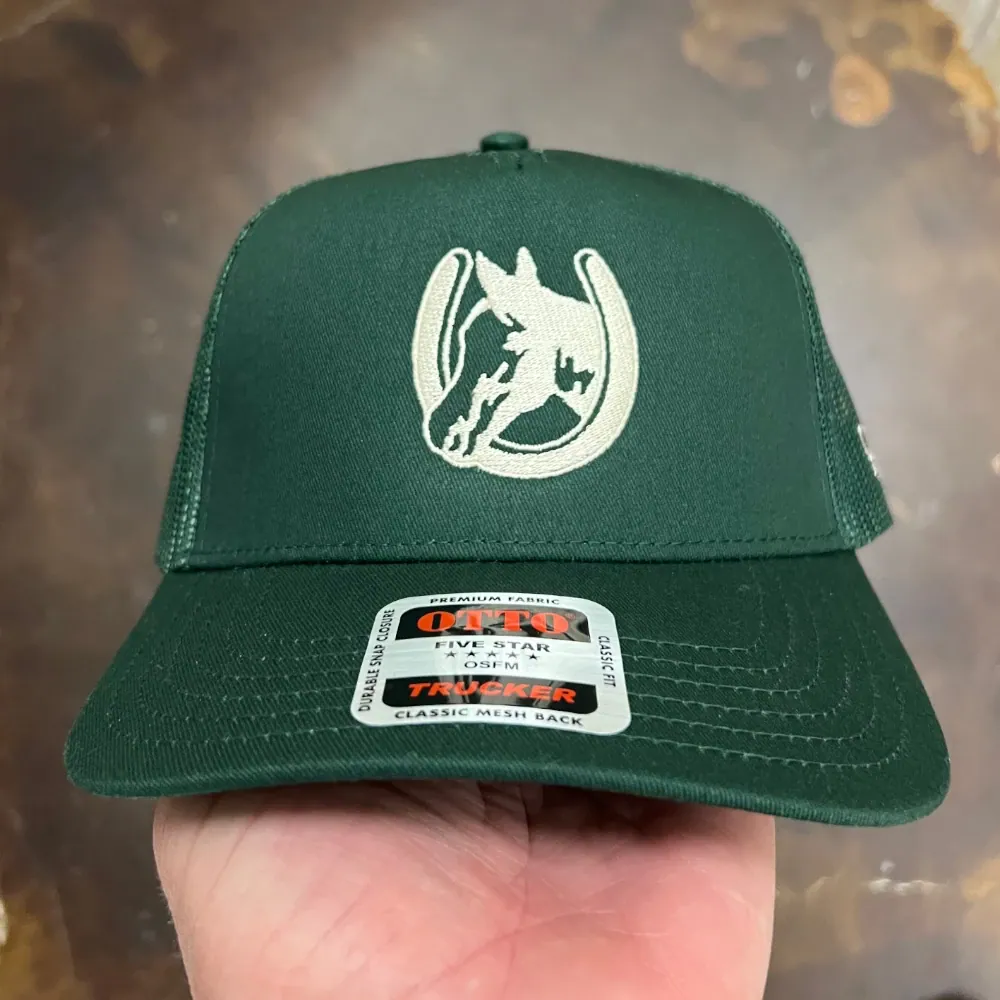 Dark green Otto Cap 32-285 mesh back trucker hat with embroidered horseshoe logo