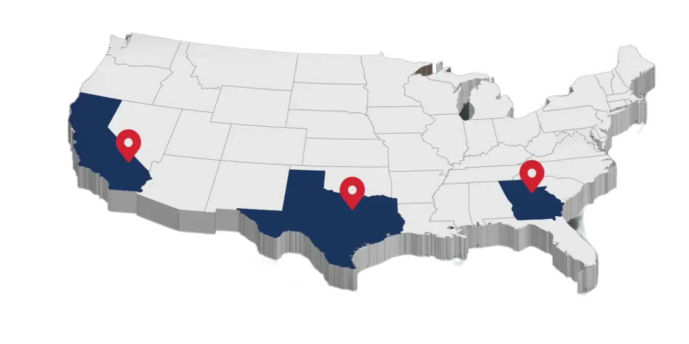 Map of the United States with Otto Cap locations marked in California, Texas, and Georgia