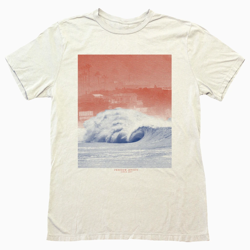 Red and blue halftone wave photo printed on a cream t-shirt