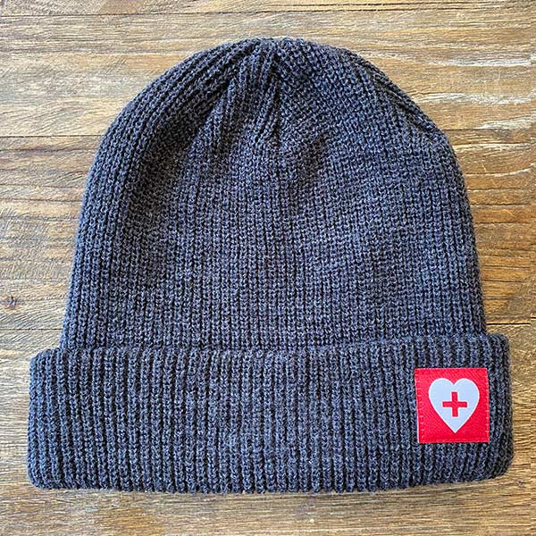 beanie with woven label affixed