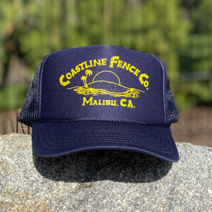 screen printed logo on navy trucker cap
